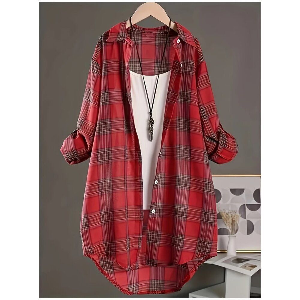 Casual Red Oversized Checkered Long Sleeve Button-up Shirt Roll-Tab Sleeves 22